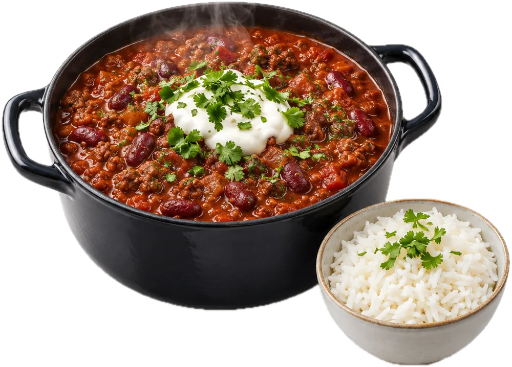 Chili con carne med bønner og en klat skyr i en gryde