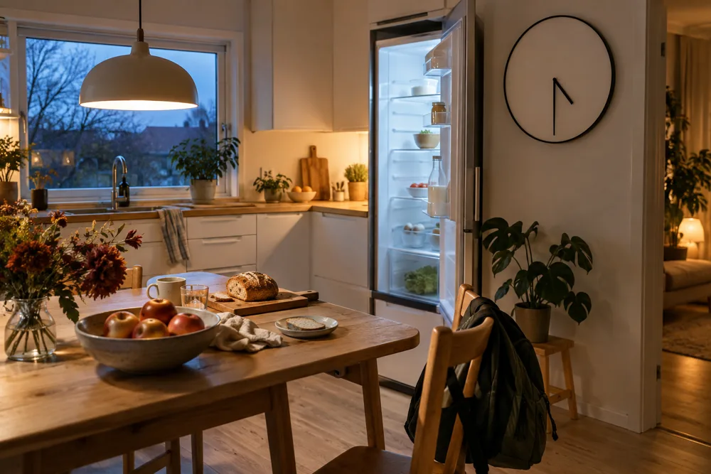Åbent køleskab i et køkken en efterårseftermiddag, uret viser halv fem