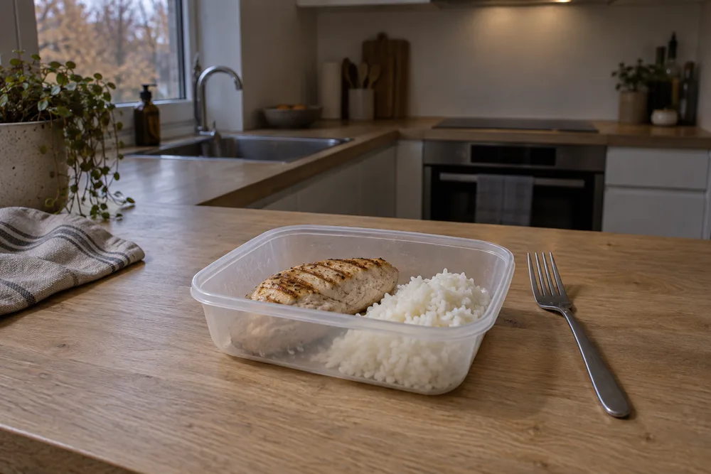 Tørt kyllingebryst og ris i en plastikboks på køkkenbordet