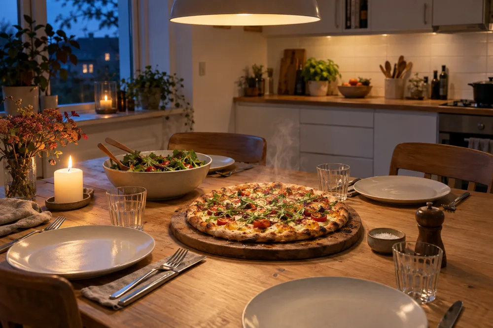 Spisebord dækket til fire en efterårsaften med fredagspizza, salat og et tændt lys
