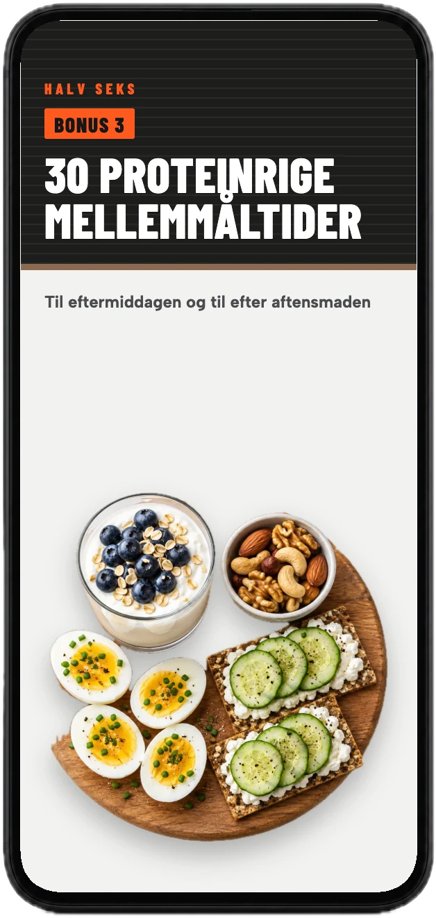 Forsiden af bonussen 30 proteinrige mellemmåltider på en mobil