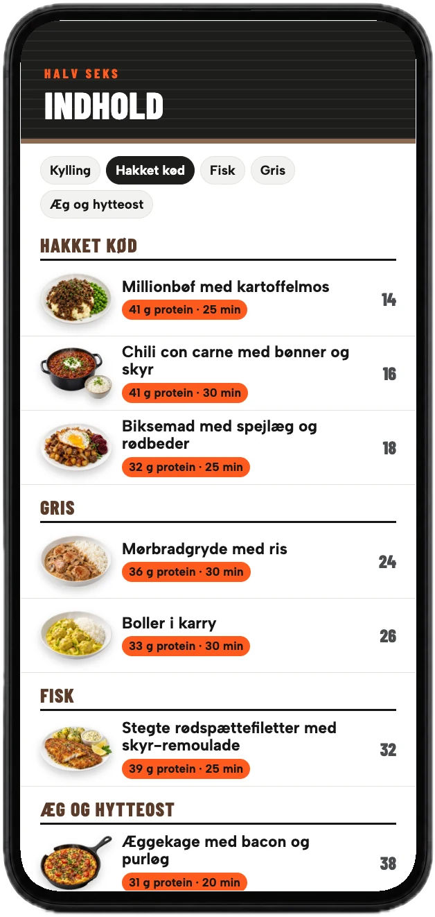 Indholdsfortegnelsen sorteret efter råvare, vist på en mobil