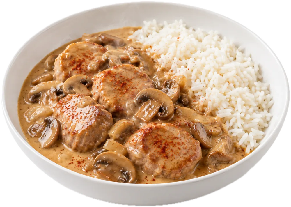 Mørbradgryde med champignon i flødesovs og ris