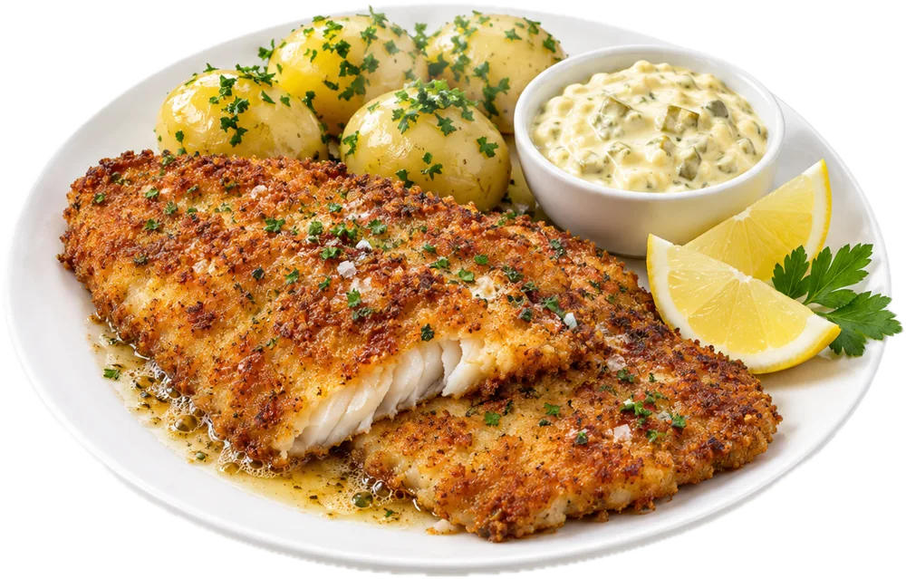 Stegte rødspættefiletter med remoulade, kartofler og citron
