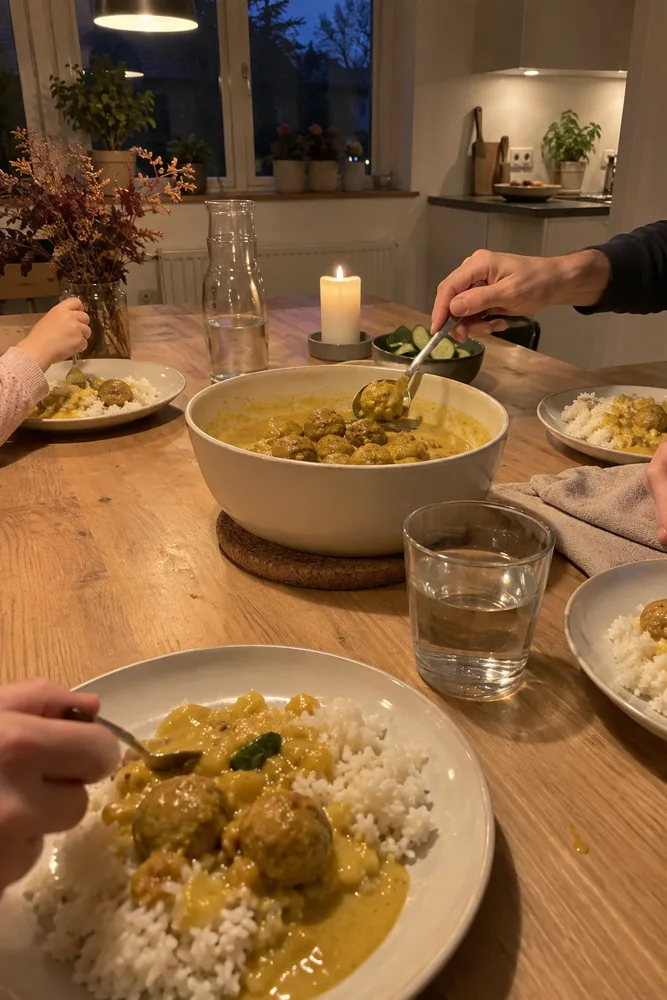 Hverdagsaftensmad på familiebordet med boller i karry og ris
