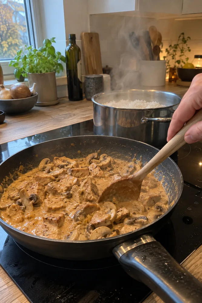 Mørbrad i flødesovs med champignon på panden i et hjemmekøkken