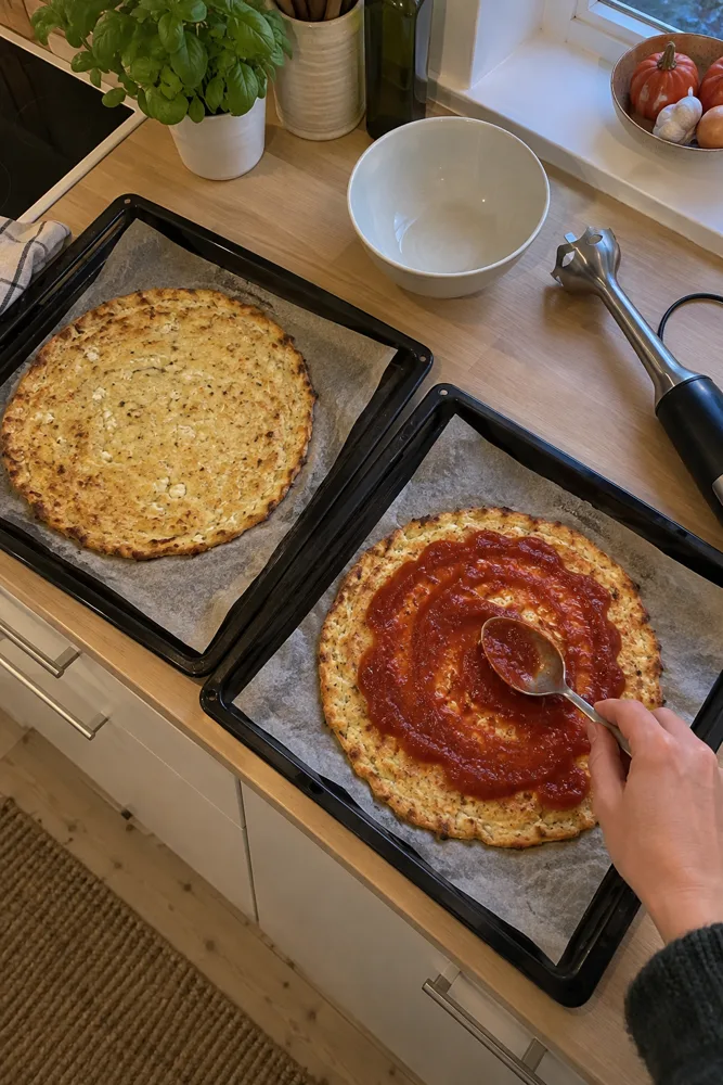 To gyldne pizzabunde af hytteost og æg på bagepapir, der bliver smurt med tomatsauce